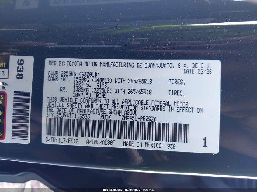 2026 Toyota Tacoma Trd Sport VIN: 3TYLB5JN4TT116533 Lot: 45298083