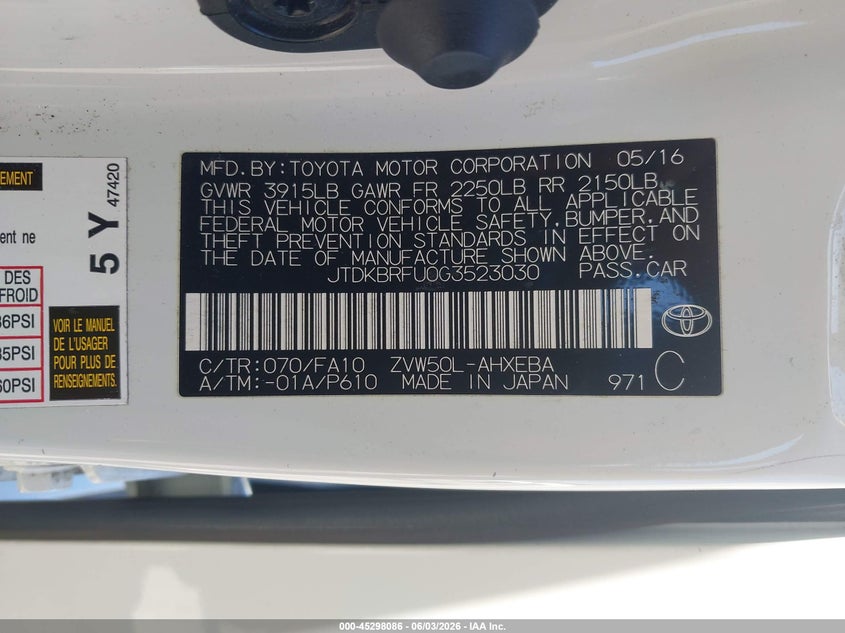 2016 Toyota Prius Two VIN: JTDKBRFU0G3523030 Lot: 45298086