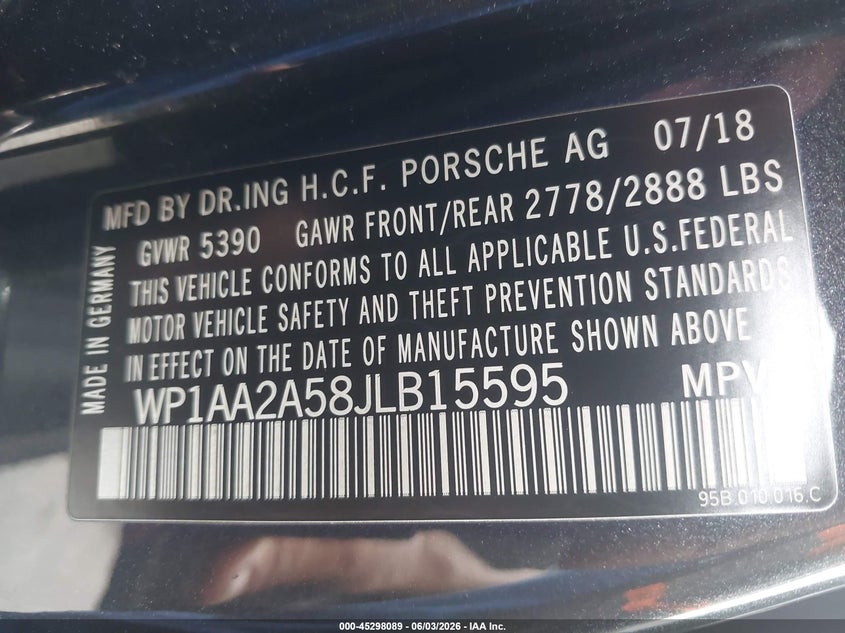 2018 Porsche Macan Sport Edition VIN: WP1AA2A58JLB15595 Lot: 45298089