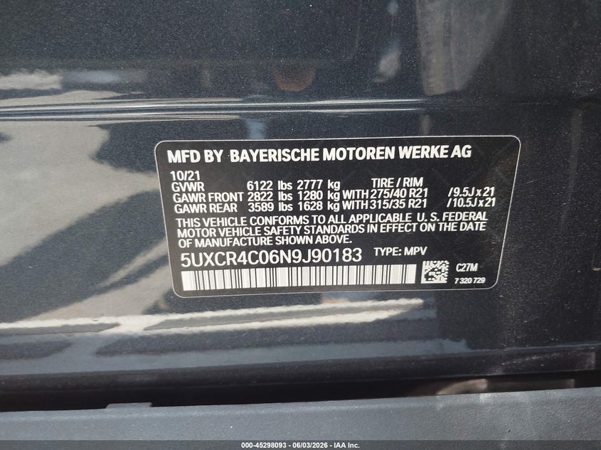 2022 BMW X5 Sdrive40I VIN: 5UXCR4C06N9J90183 Lot: 45298093