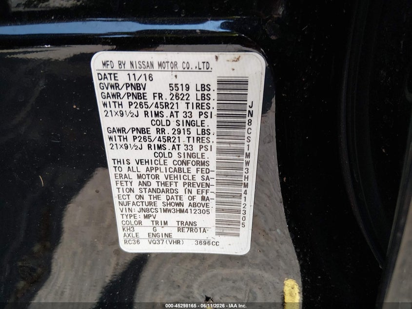 2017 Infiniti Qx70 VIN: JN8CS1MW3HM412305 Lot: 45298165