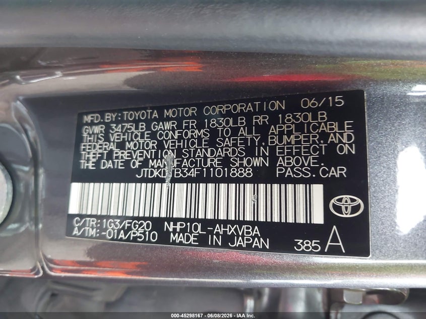 2015 Toyota Prius C Two VIN: JTDKDTB34F1101888 Lot: 45298167