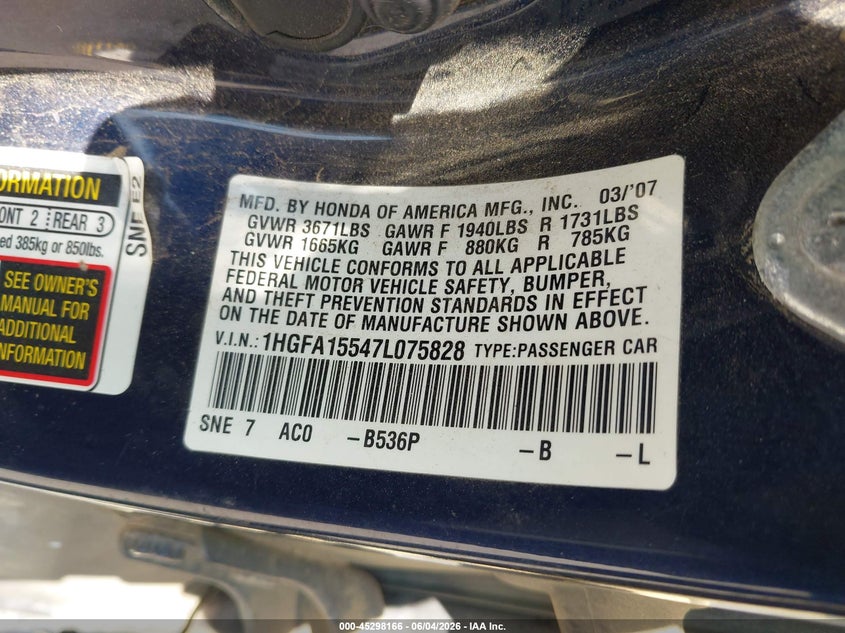 2007 Honda Civic Lx VIN: 1HGFA15547L075828 Lot: 45298166