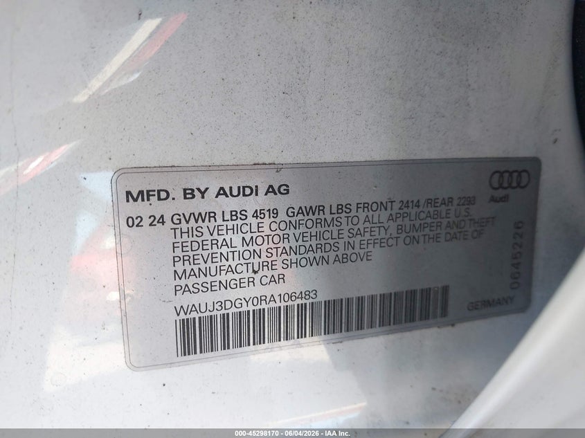 2024 Audi S3 Prestige VIN: WAUJ3DGY0RA106483 Lot: 45298170