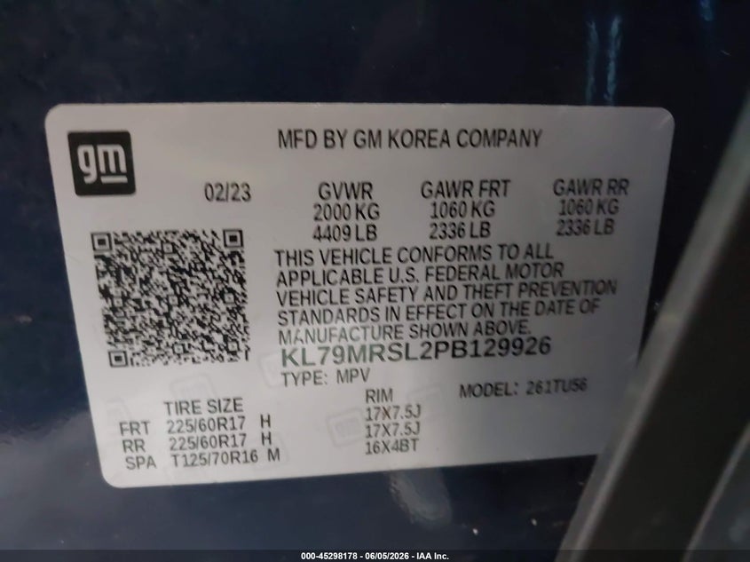 CHEVROLET TRAILBLAZER 2023 VIN KL79MRSL2PB129926