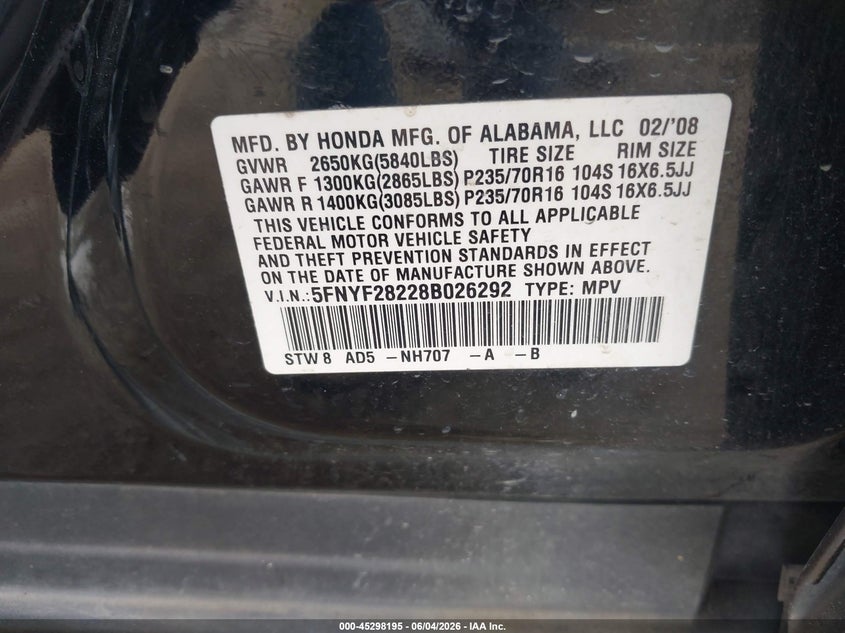 2008 Honda Pilot Vp VIN: 5FNYF28228B026292 Lot: 45298195