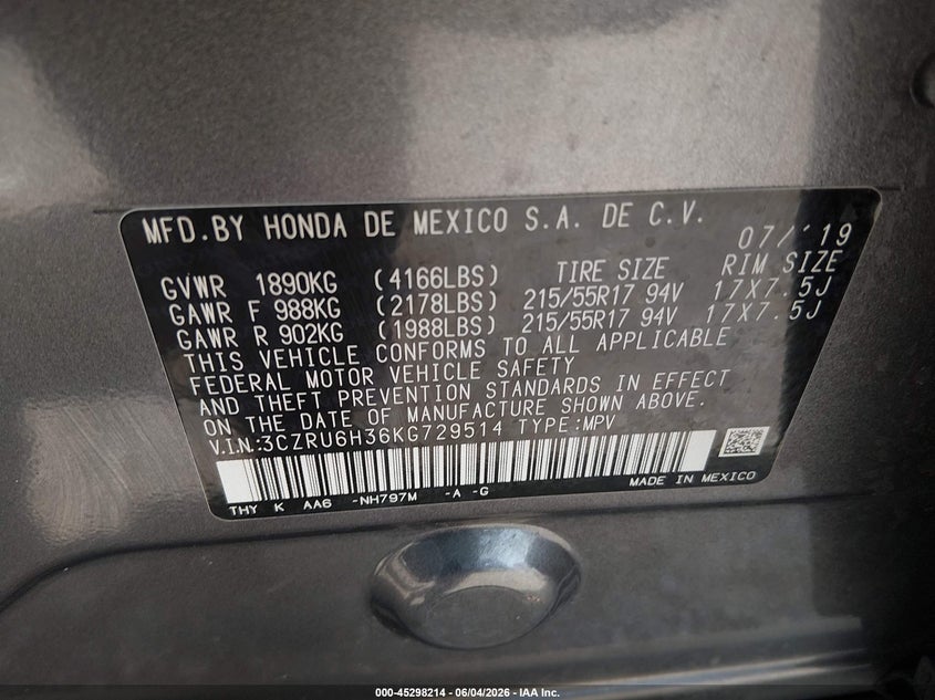 2019 Honda Hr-V Lx VIN: 3CZRU6H36KG729514 Lot: 45298214
