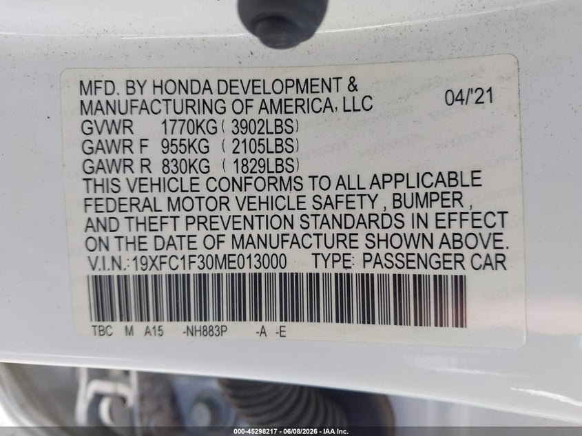 VIN 19XFC1F30ME013000 2021 HONDA CIVIC EX