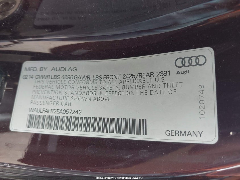 2014 Audi A5 2.0T Premium VIN: WAULFAFR2EA057242 Lot: 45298229