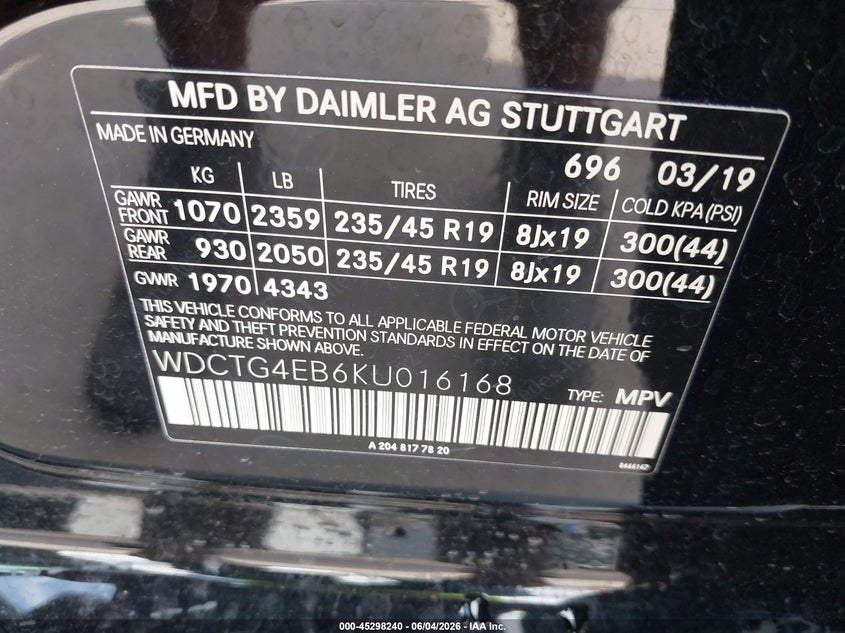 2019 Mercedes-Benz Gla 250 VIN: WDCTG4EB6KU016168 Lot: 45298240