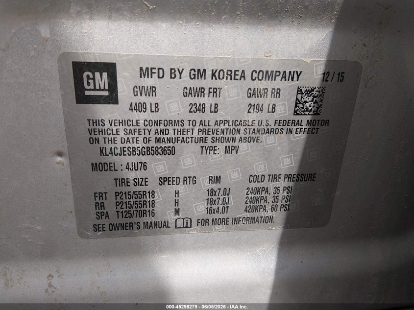 2016 Buick Encore VIN: KL4CJESB5GB583650 Lot: 45298279
