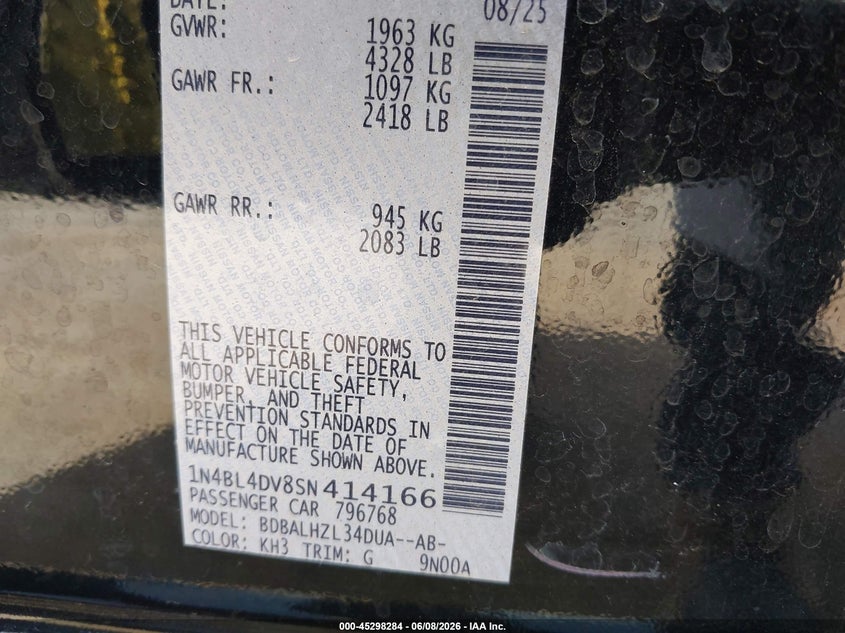 VIN 1N4BL4DV8SN414166 2025 NISSAN ALTIMA SV FWD