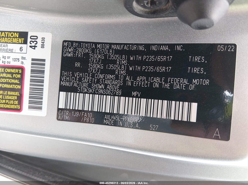 2022 Toyota Sienna Le VIN: 5TDKSKFC9NS062789 Lot: 45298313