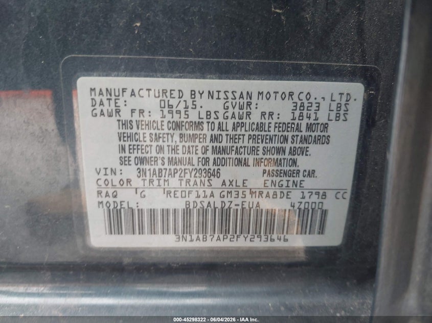 2015 Nissan Sentra Sv VIN: 3N1AB7AP2FY293646 Lot: 45298322