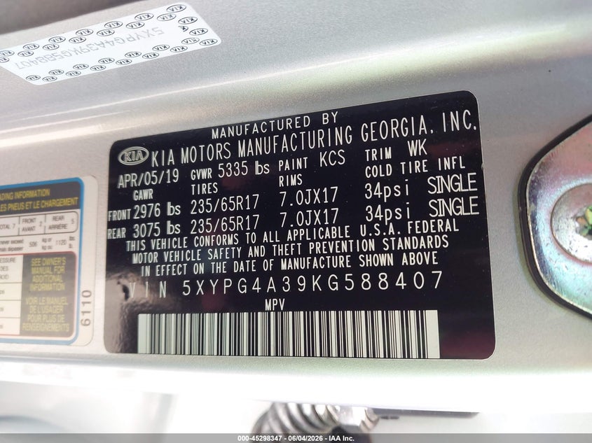 2019 Kia Sorento 2.4L L VIN: 5XYPG4A39KG588407 Lot: 45298347