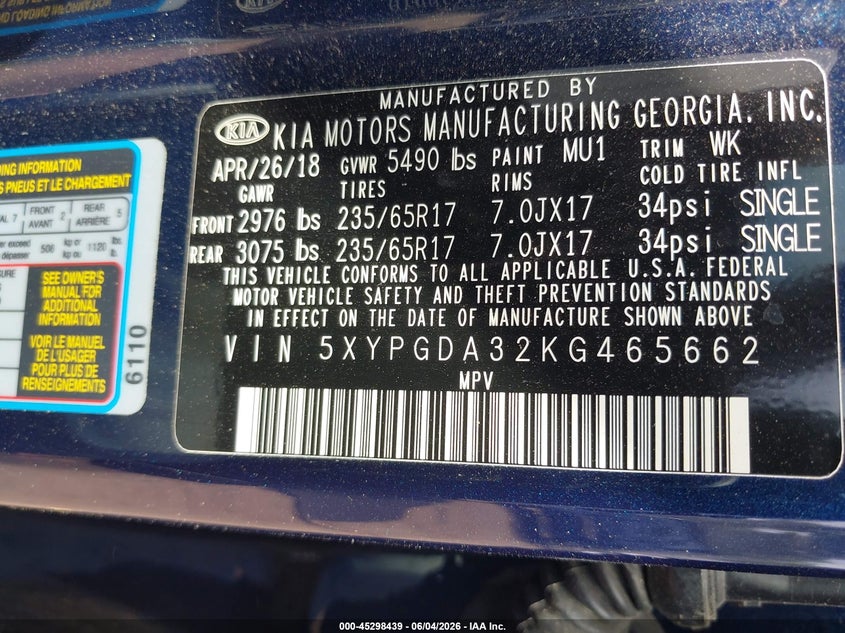 2019 Kia Sorento 2.4L Lx VIN: 5XYPGDA32KG465662 Lot: 45298439