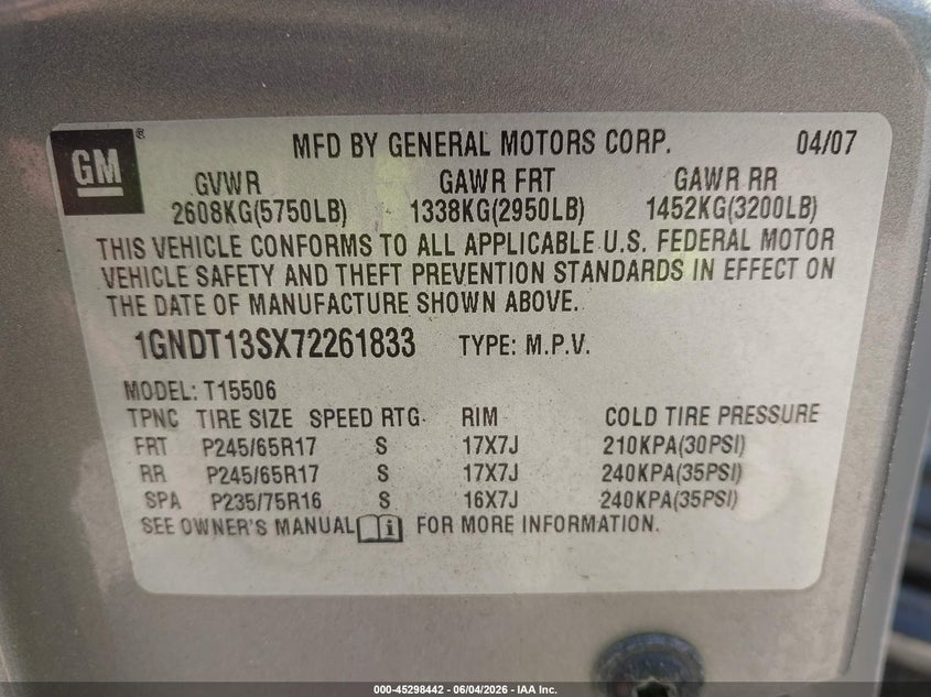 2007 Chevrolet Trailblazer Ls VIN: 1GNDT13SX72261833 Lot: 45298442