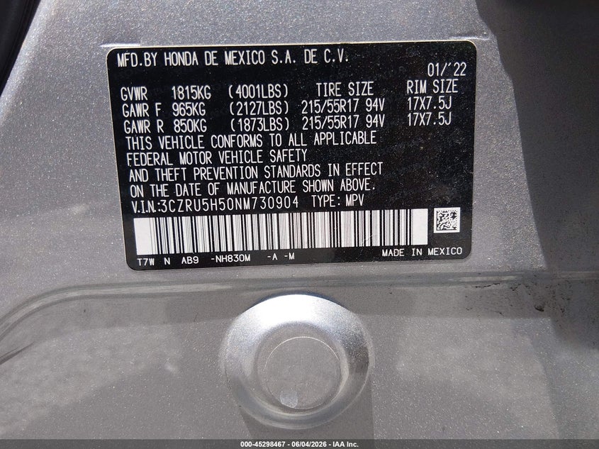 HONDA HR-V 2022 VIN 3CZRU5H50NM730904
