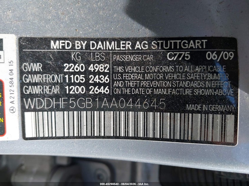 2010 Mercedes-Benz E 350 VIN: WDDHF5GB1AA044645 Lot: 45298540