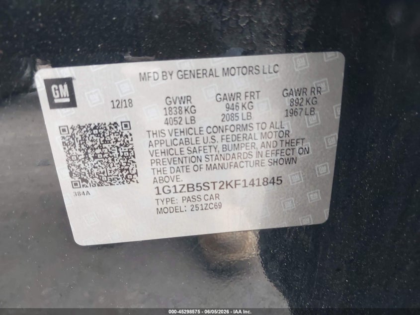 2019 Chevrolet Malibu 1Ls VIN: 1G1ZB5ST2KF141845 Lot: 45298575