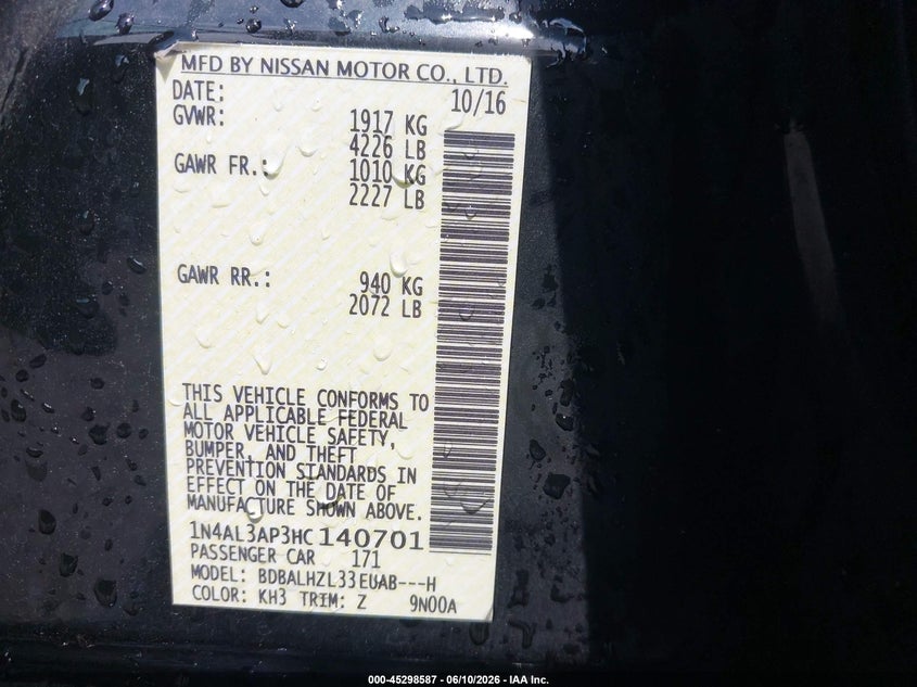 VIN 1N4AL3AP3HC140701 2017 NISSAN ALTIMA 2.5 SR
