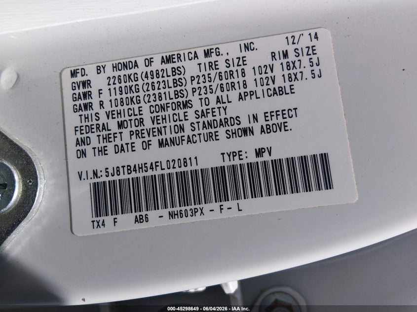 2015 Acura Rdx VIN: 5J8TB4H54FL020811 Lot: 45298649