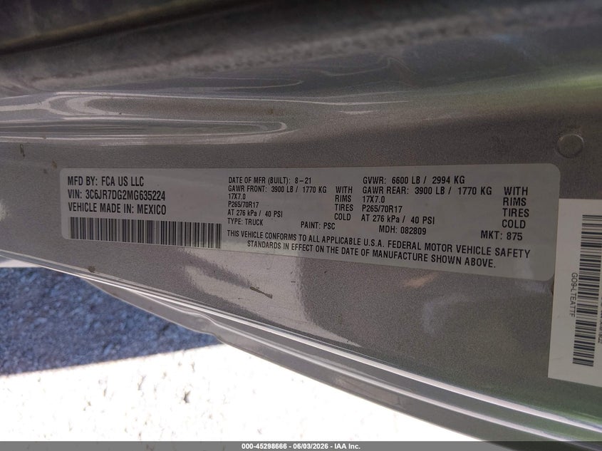 RAM 1500 CLASSIC 2021 VIN 3C6JR7DG2MG635224