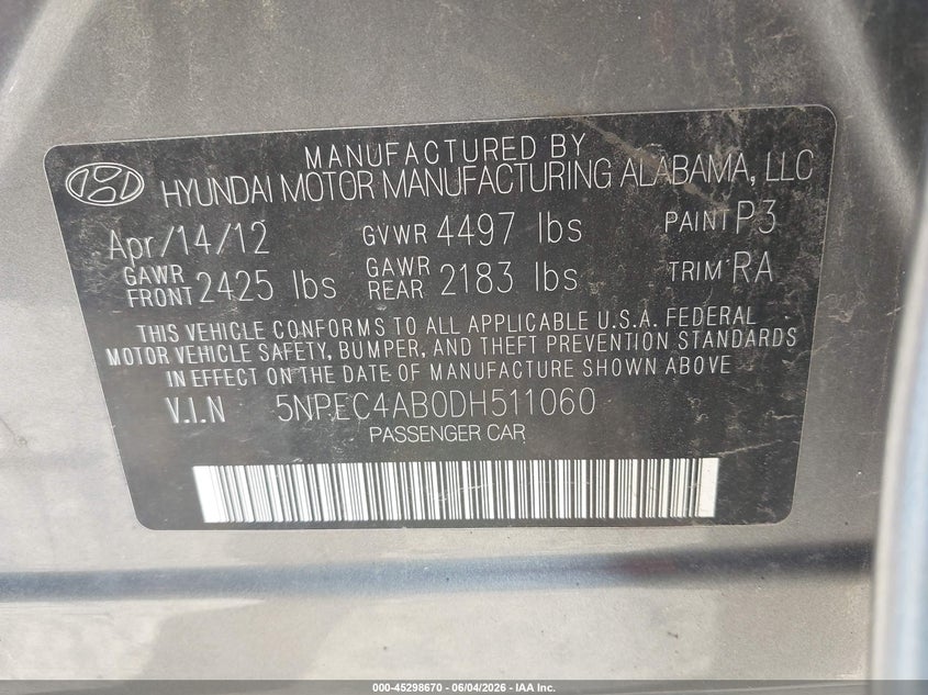 2013 Hyundai Sonata Limited 2.0T VIN: 5NPEC4AB0DH511060 Lot: 45298670