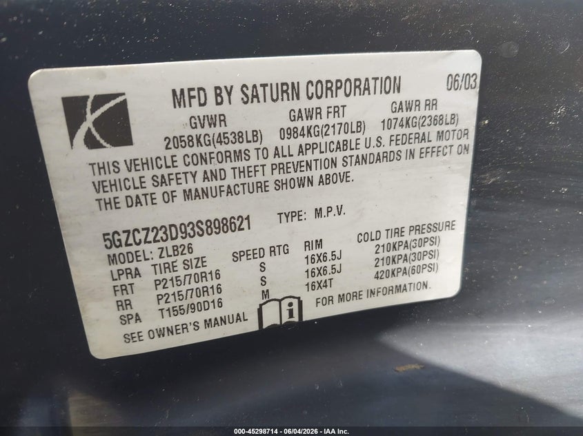 2003 Saturn Vue 4 Cyl VIN: 5GZCZ23D93S898621 Lot: 45298714