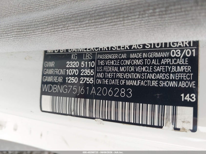 2001 Mercedes-Benz S 500 VIN: WDBNG75J61A206283 Lot: 45298723