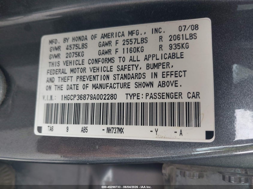 2009 Honda Accord 3.5 Ex-L VIN: 1HGCP36879A002280 Lot: 45298733