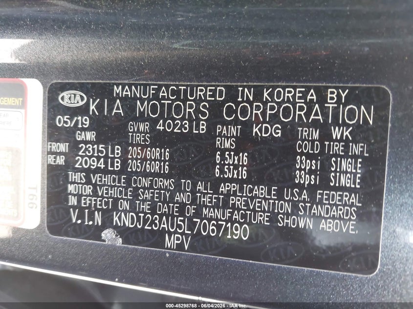 2020 Kia Soul Lx VIN: KNDJ23AU5L7067190 Lot: 45298768