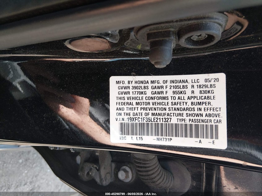 VIN 19XFC1F35LE211327 2020 HONDA CIVIC EX