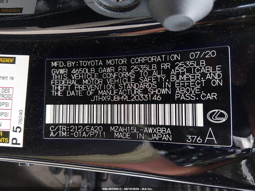 2020 Lexus Ux 250H VIN: JTHX9JBH9L2033146 Lot: 45298813