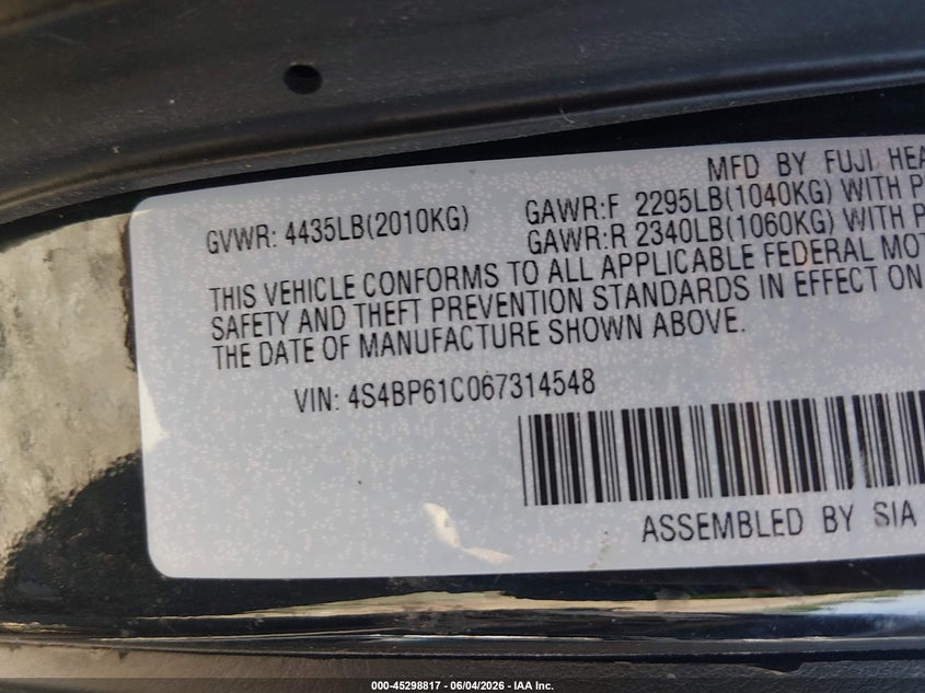 2006 Subaru Outback 2.5I VIN: 4S4BP61C067314548 Lot: 45298817