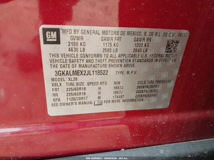 GMC TERRAIN 2018 VIN 3GKALMEX2JL118522