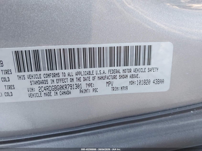 2019 Dodge Grand Caravan Se Plus VIN: 2C4RDGBG0KR791301 Lot: 45298866