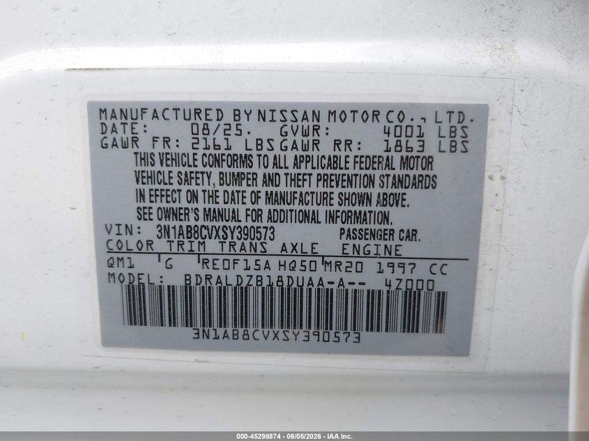 VIN 3N1AB8CVXSY390573 2025 NISSAN SENTRA SV