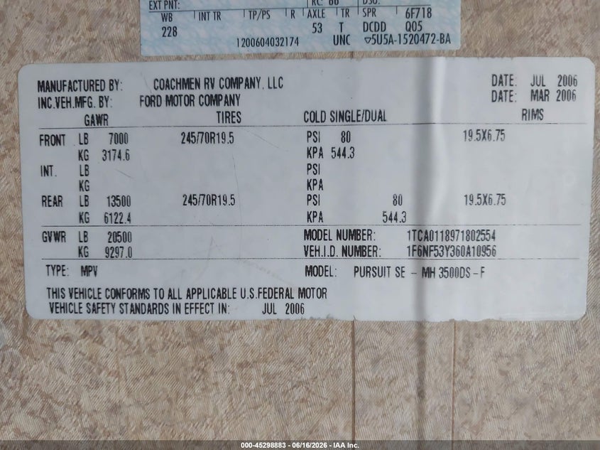 2006 Ford F550 Super Duty Stripped Chass VIN: 1F6NF53Y360A10956 Lot: 45298883