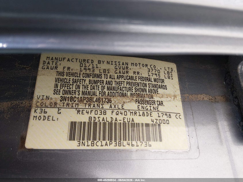 2011 Nissan Versa 1.8S VIN: 3N1BC1AP3BL461736 Lot: 45298934