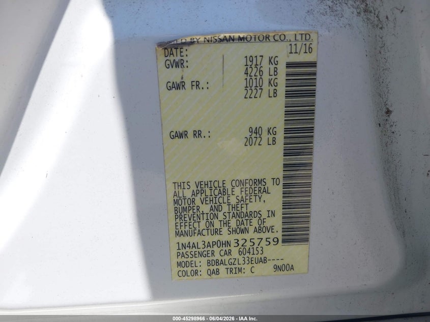 2017 Nissan Altima 2.5 S VIN: 1N4AL3AP0HN325759 Lot: 45298966