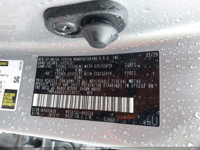 2025 Toyota Corolla Cross Xle VIN: 7MUEAABGXSV128013 Lot: 45298990
