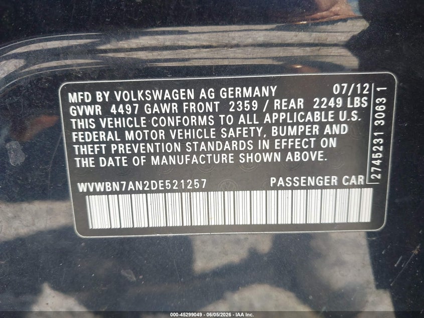 2013 Volkswagen Cc 2.0T Sport Plus VIN: WVWBN7AN2DE521257 Lot: 45299049