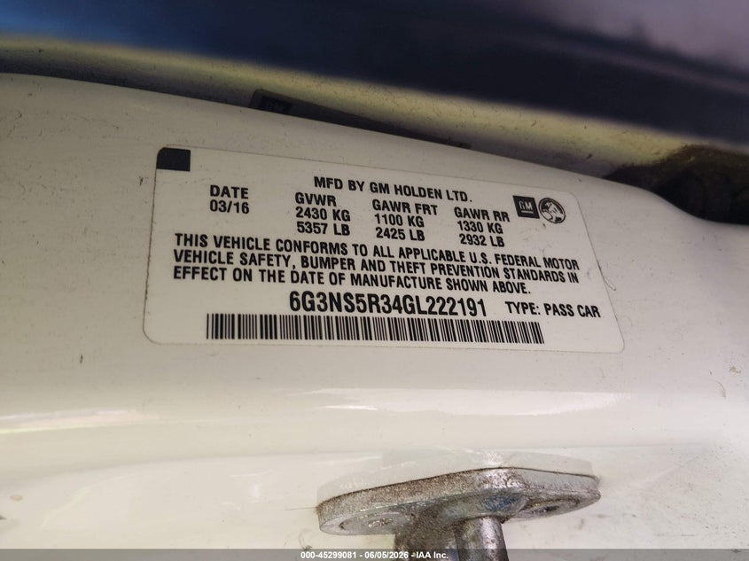 2016 Chevrolet Caprice Police VIN: 6G3NS5R34GL222191 Lot: 45299081