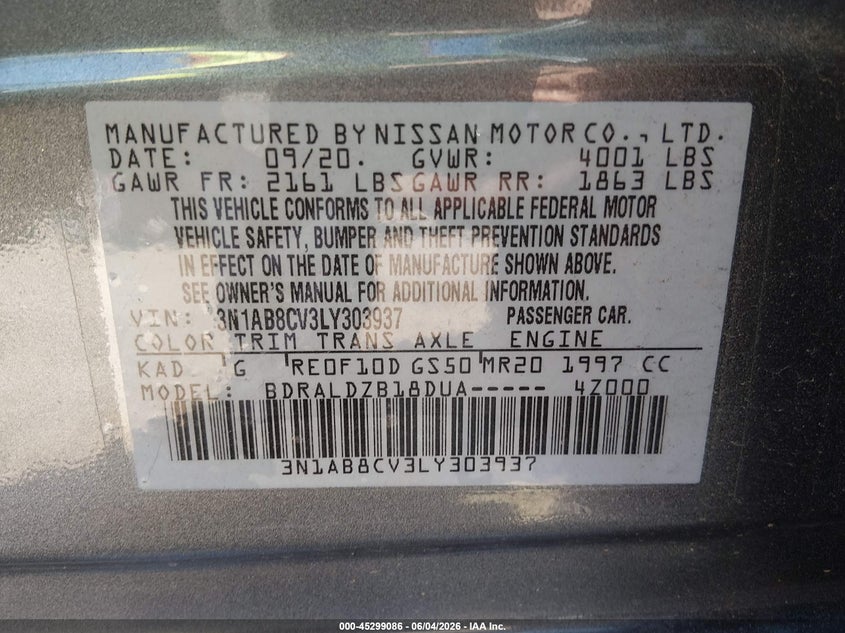 2020 Nissan Sentra Sv Xtronic Cvt VIN: 3N1AB8CV3LY303937 Lot: 45299086