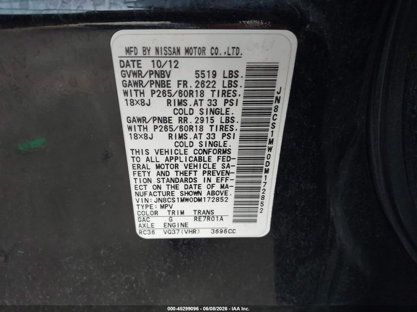 2013 Infiniti Fx37 VIN: JN8CS1MW0DM172852 Lot: 45299096