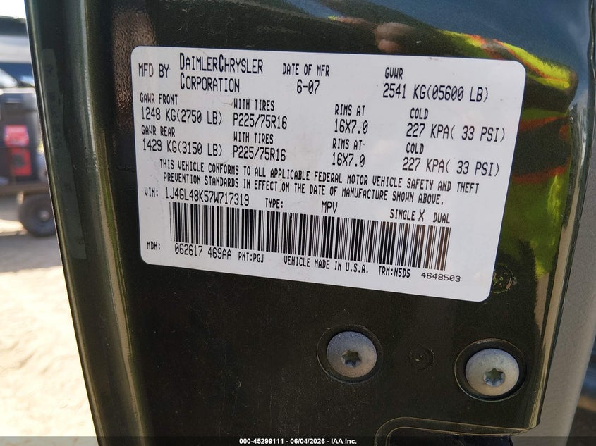 2007 Jeep Liberty Sport VIN: 1J4GL48K57W717319 Lot: 45299111