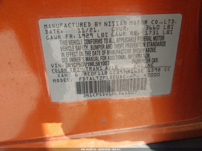 2021 Nissan Kicks Sr Xtronic Cvt VIN: 3N1CP5DV1ML561007 Lot: 45299124