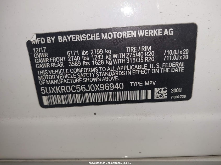 2018 BMW X5 xDrive35I VIN: 5UXKR0C56J0X96940 Lot: 45299160