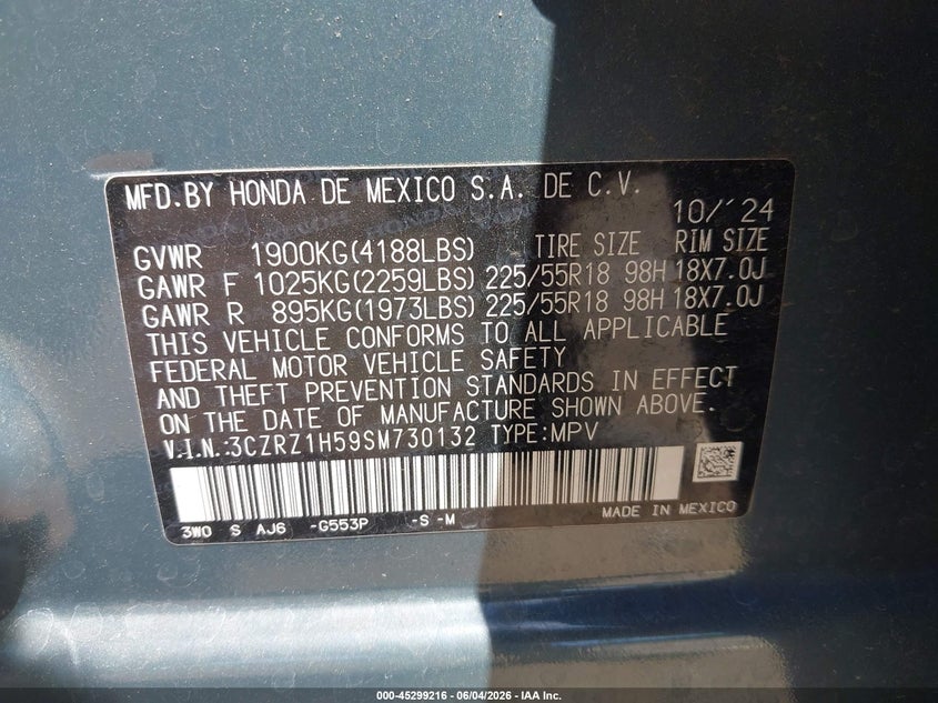 VIN 3CZRZ1H59SM730132 2025 HONDA HR-V 2WD SPORT